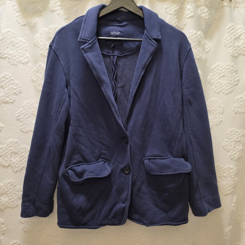 Aerie Womens Navy Blue Sweatshirt Blazer Knit Jacket Size Small Pocketed